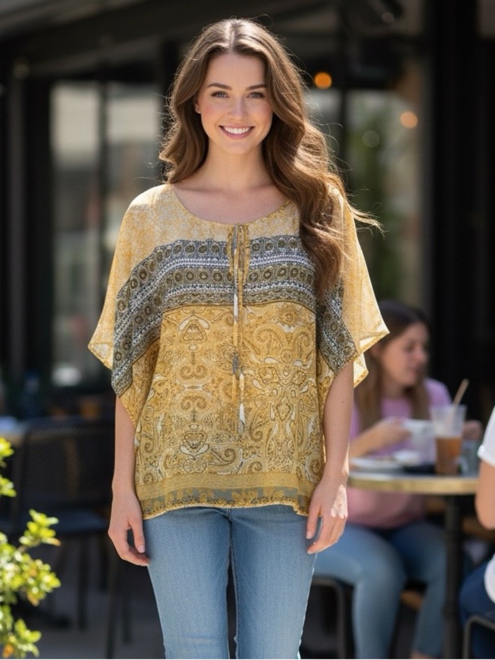 New York & Company blouse yellow gray paisley geometric semi sheer oversized XS